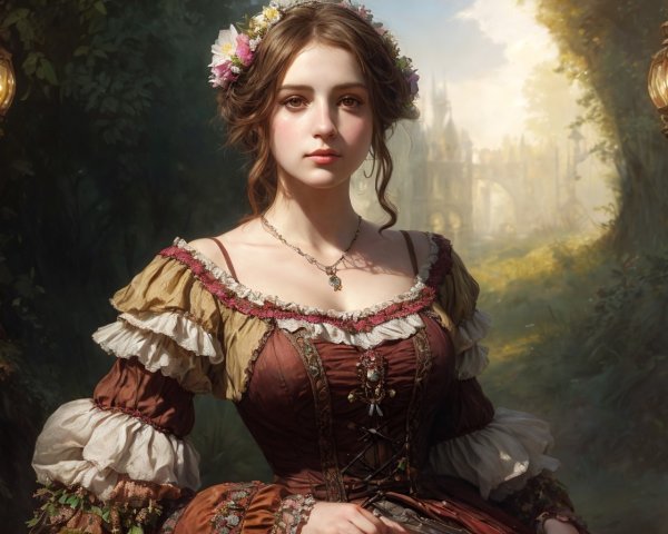 Renaissance-style dress in a sunlit forest setting