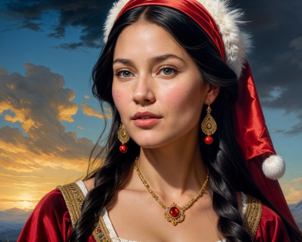 Young woman in festive winter attire against sunset