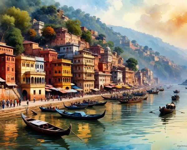 Serene Riverside Scene with Vibrant Terraced Buildings