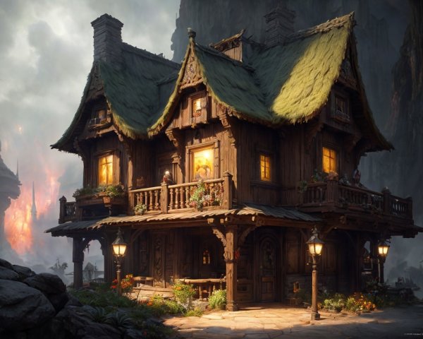 Two-Story Fantasy Cottage with Thatched Roof and Mountains