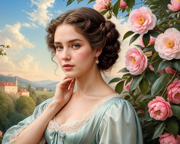 Young woman in blue gown among blooming camellias