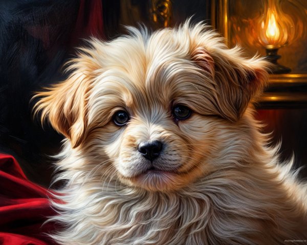Fluffy Golden Puppy in Cozy Lantern Light
