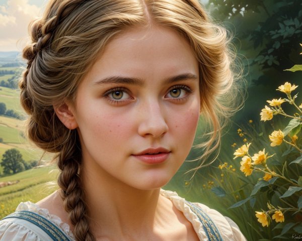 Young woman in light dress among hills and flowers
