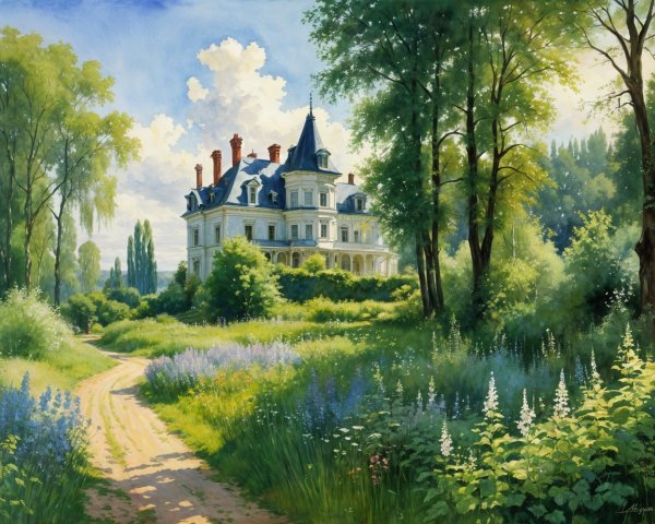 Grand White Mansion with Blue Turret in Countryside