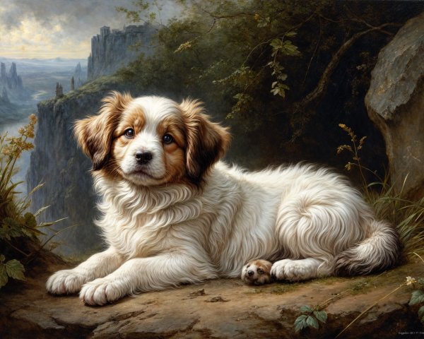 Fluffy Puppy Relaxing in Scenic Natural Landscape
