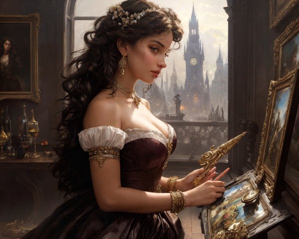 Historical gown woman painting in luxurious gothic room.