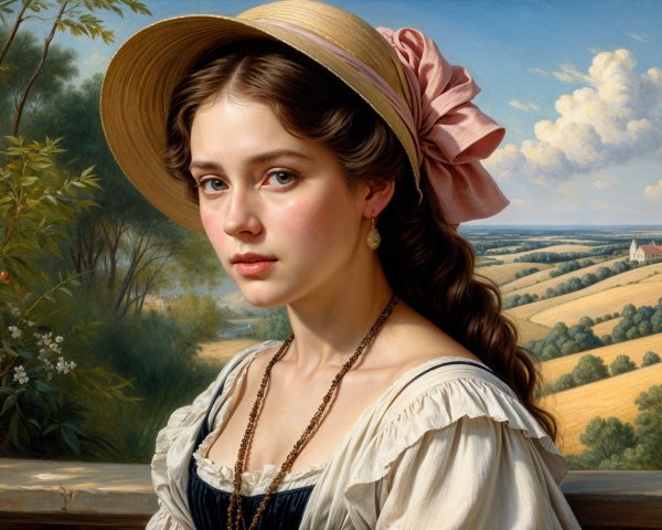 Young Woman in Straw Hat Against Scenic Landscape