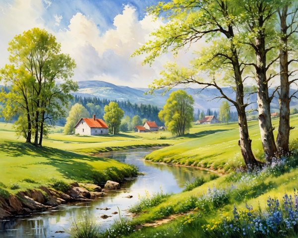 Idyllic Landscape with Green Fields and Stream