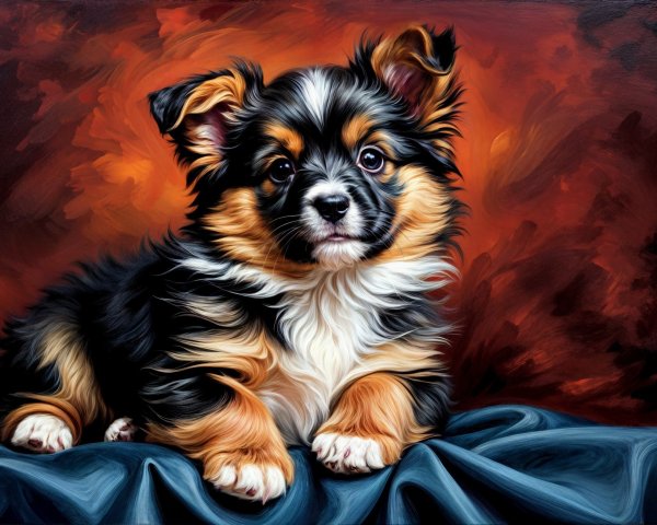 Fluffy Puppy Against Vibrant Background with Cozy Textures