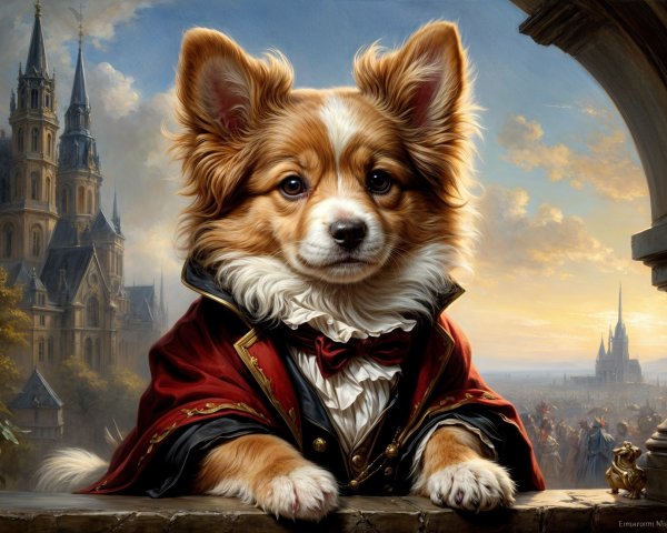 Regal Corgi in Elaborate Coat Against Castle Landscape