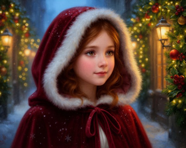 Digital painting of a girl in a festive winter scene
