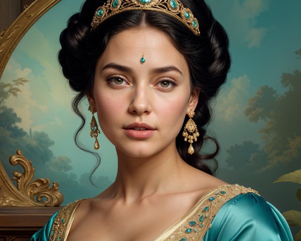 Regal Woman in Gold Crown and Turquoise Gemstones