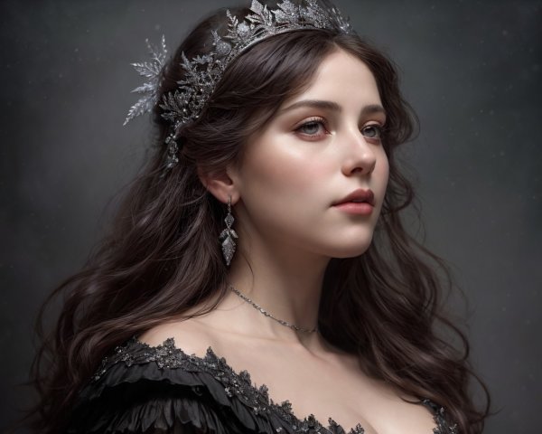 Dark-haired woman in silver crown and black dress exudes regal aura
