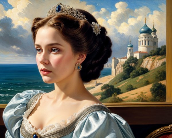 Young Woman in Elegant Blue Gown by Coastal Landscape