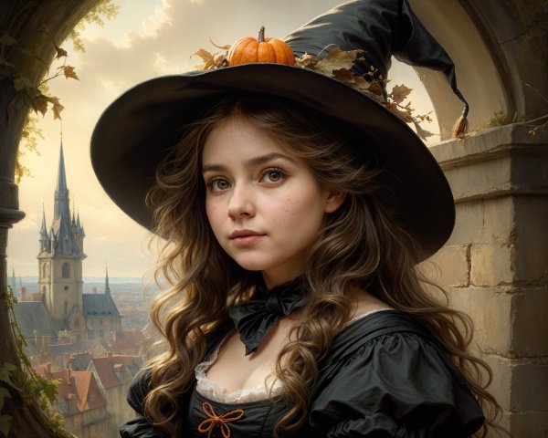 Young girl in witch's hat at medieval town archway
