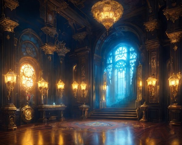 Opulent Dimly Lit Room with Gilded Details and Chandeliers