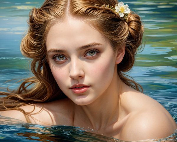 Young woman in water with flowers and glowing skin