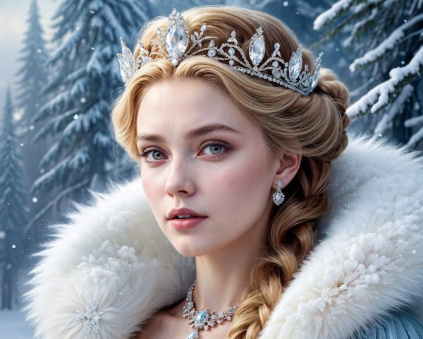Young woman in fur cloak in snowy forest setting