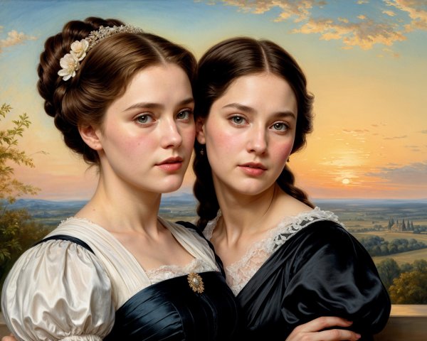 Elegant Young Women in Sunset Landscape Painting