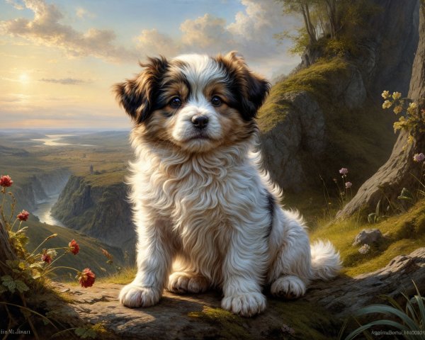 Fluffy Dog on Rocky Ledge with Scenic Landscape