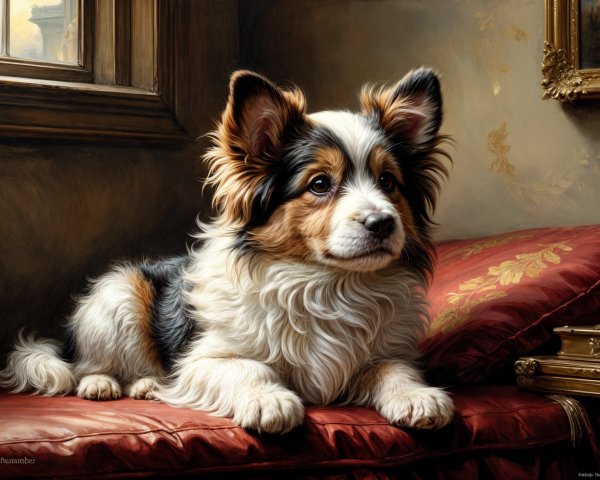 Fluffy Dog Resting on Red Cushion in Sunlit Room