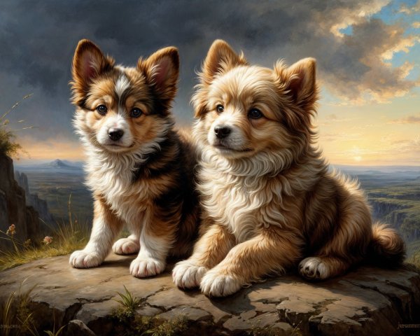 Puppies on Rocky Ledge with Sunset Background