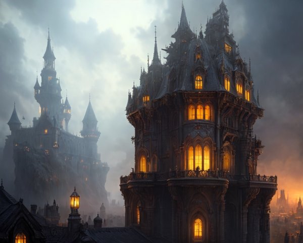 Gothic castle illuminated by warm lights in dusky mist.