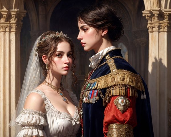 Bride in gown with man in military uniform under grand archway