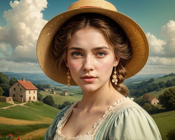 Young Woman in Blue Dress in Scenic Rural Landscape