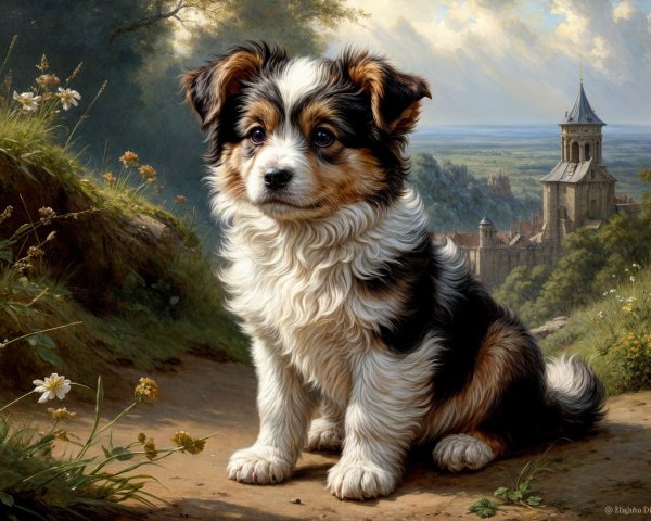 Tri-color puppy on a dirt path with wildflowers