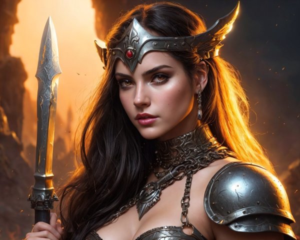 Fierce Woman in Warrior Armor with Spear and Flames