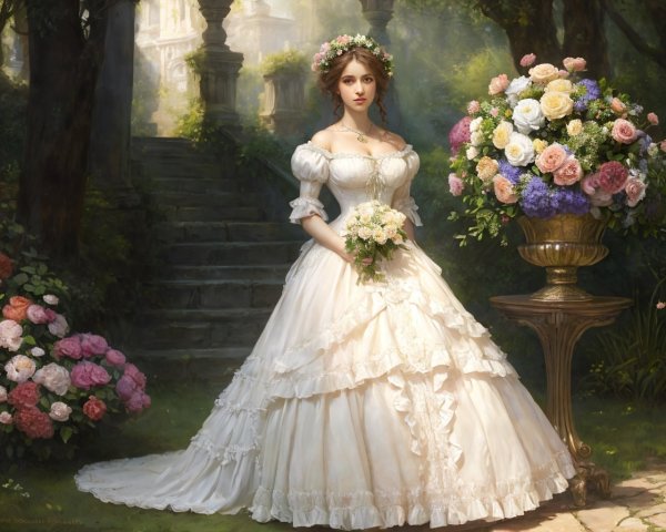 Woman in white vintage dress with floral headpiece in garden with staircase and sunlight.