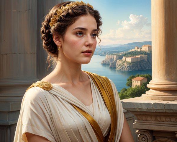 Young Woman in Elegant Drapery by Classical Column