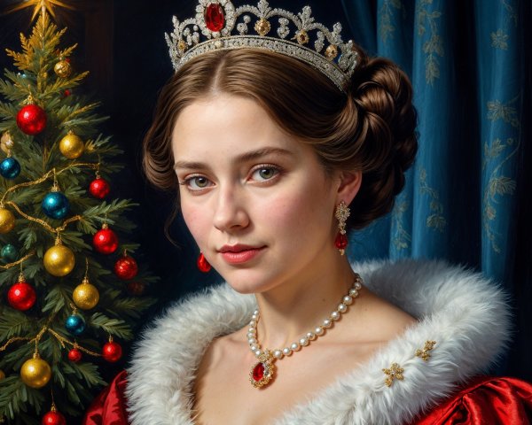 Young Woman in Red Gown by Christmas Tree