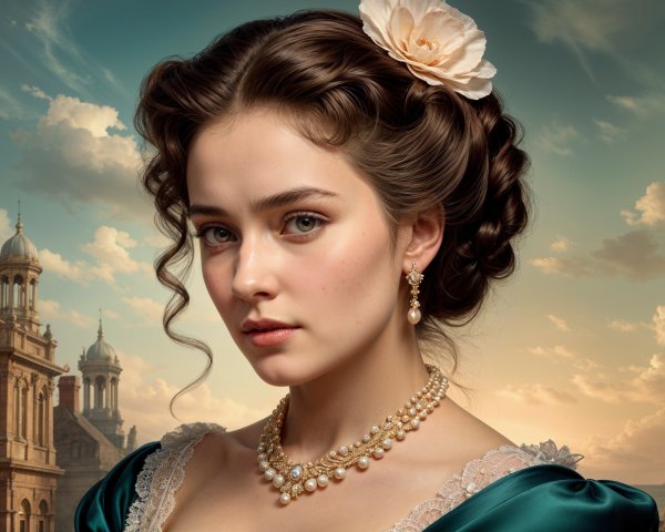 Elegant Woman in Vintage Gown with Floral Accents