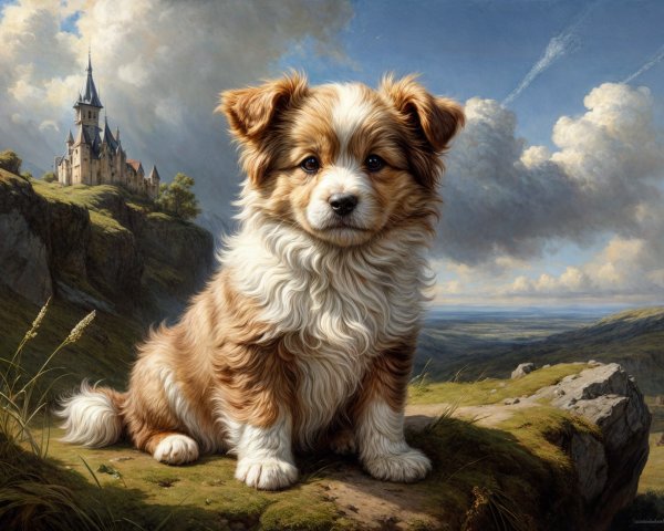 Fluffy Puppy on Grassy Hill with Castle Background