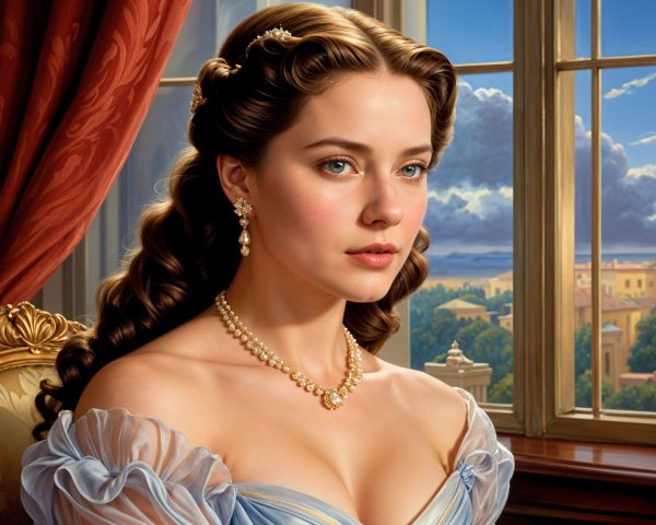 Elegant Woman in Blue Gown in Grand Room Setting