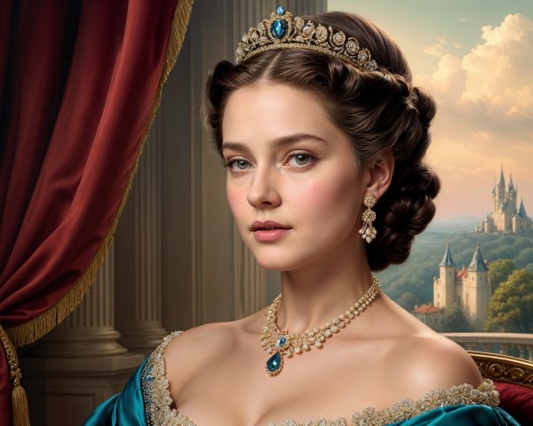 Young woman in teal gown with castle backdrop