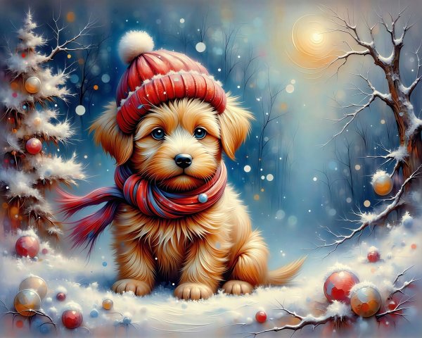 Fluffy Golden Retriever Puppy in Winter Forest Scene
