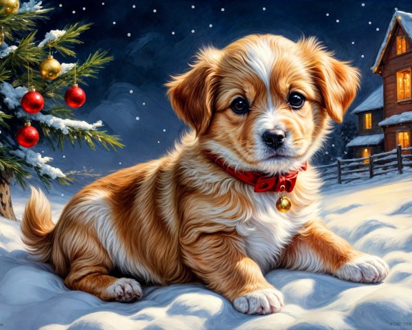 Fluffy Puppy in Snowy Christmas Landscape Scene