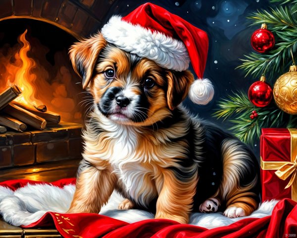 Puppy in Santa Hat Surrounded by Holiday Decor