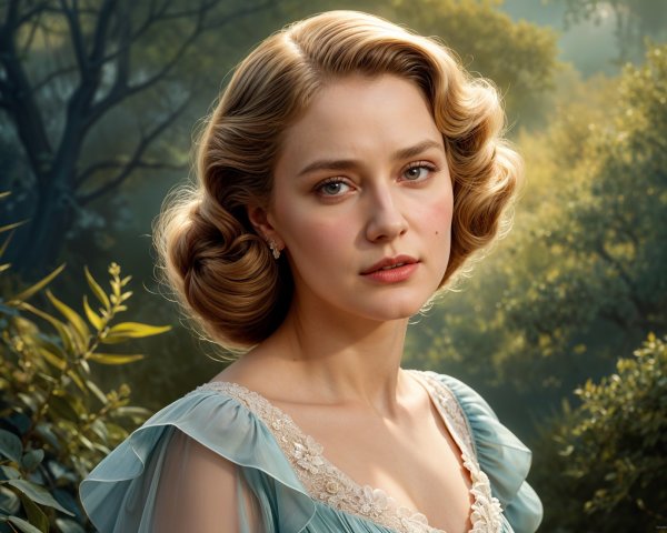 Young woman in blue dress in a forest setting