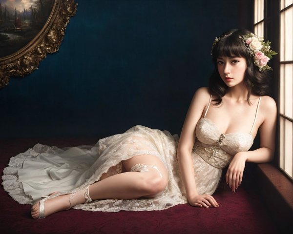 Woman in white lace dress beside ornate mirror and painting