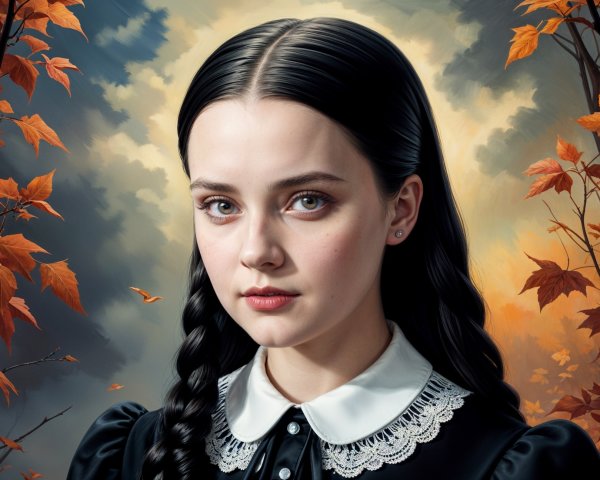 Young girl in vintage dress with autumn backdrop