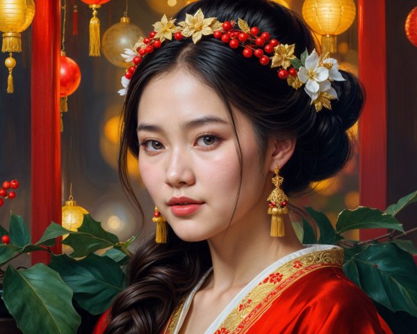 Young Woman in Red Robe Surrounded by Lanterns