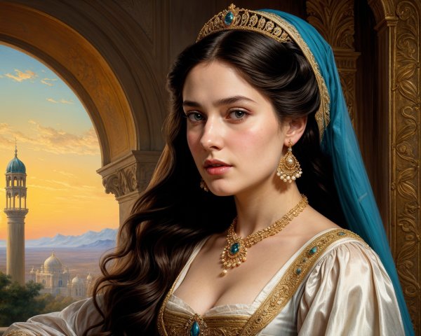 Regal woman in elegant gown against sunset landscape