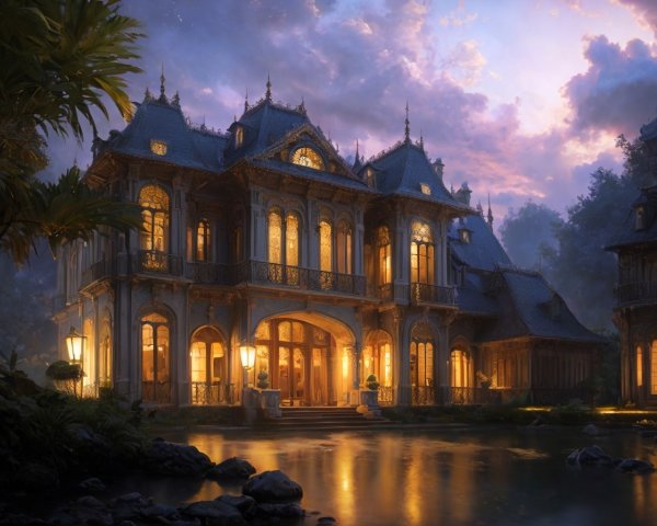Luxurious mansion at twilight by tranquil pond in lush forest