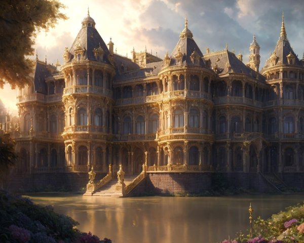 Luxurious Golden Palace Surrounded by Water and Greenery