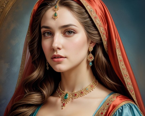 Woman in Historical Attire with Intricate Jewelry