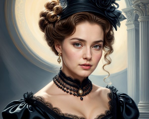 Young Woman in Vintage Elegant Attire with Lace Details